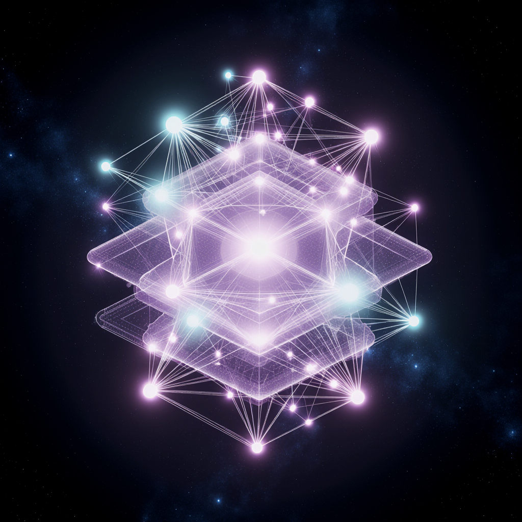 Abstract deep neural network layers rendered in three dimensions with purple and cyan light connections, futuristic visualization, no people